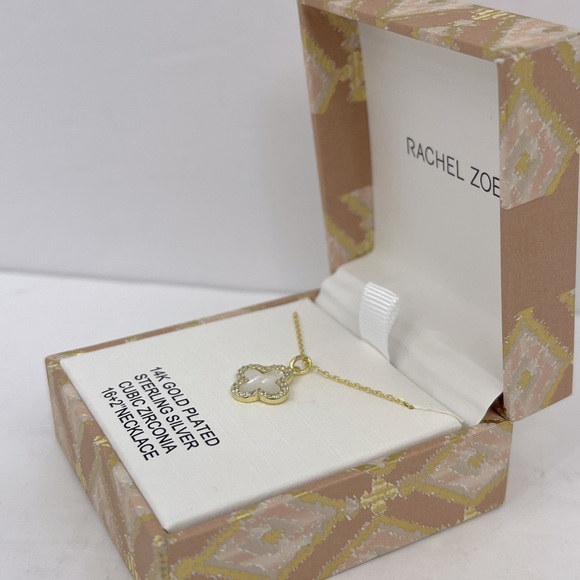RACHEL ZOE, STERLING SILVER 18KT GOLD PLATED MOTHER OF PEARL CLOVER NECKLACE, CZ - Picture 4 of 16